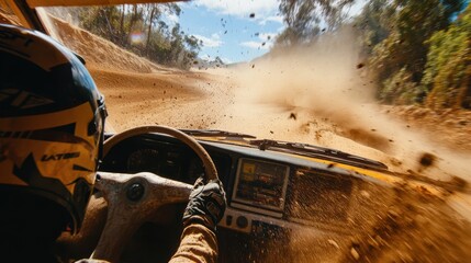 Rally car driver navigating a dirt track at high speed, capturing the thrill and adrenaline of motorsport racing on a rough terrain with dust and motion blur