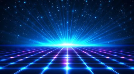 Obraz premium Futuristic digital landscape with vibrant blue rays and a glowing grid pattern, perfect for tech and sci-fi themes.