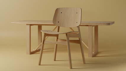 The image depicts a minimalist wooden chair and table set. Both the chair and table feature a...
