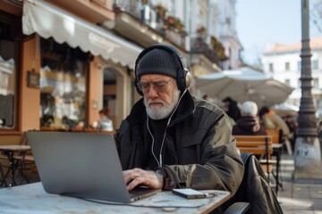 Obraz premium An elderly man in a beanie, listening to music through headphones, types on a laptop at an outdoor café on a bright day.