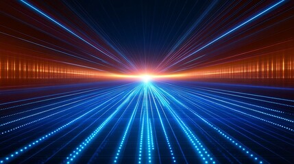 Fototapeta premium Futuristic light rays radiate from a central point, creating an abstract digital background with vibrant blue and orange colors.