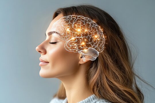 Neuroinformatics cognitive processing neurocomputation and synaptic response woman meditating with glowing neural brain visualizing mental clarity and enhanced cognitive function