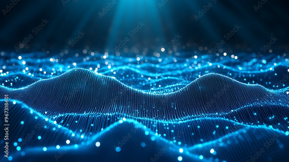 Poster stunning abstract image of dynamic waves illuminated by blue light, creating a mesmerizing digital l