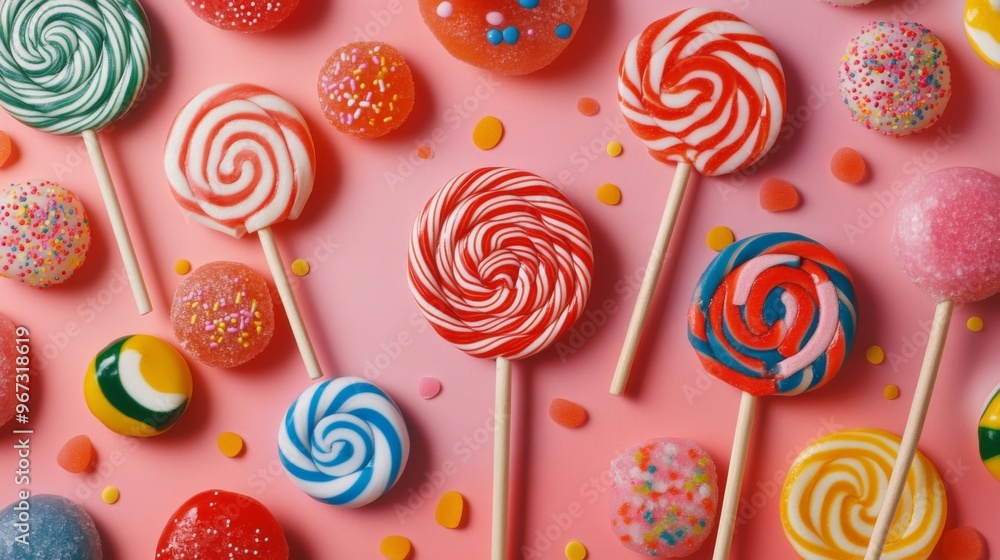 Aufkleber A flat lay of assorted lollipops with different shapes and flavors, arranged neatly on a colorful tablecloth or surface.