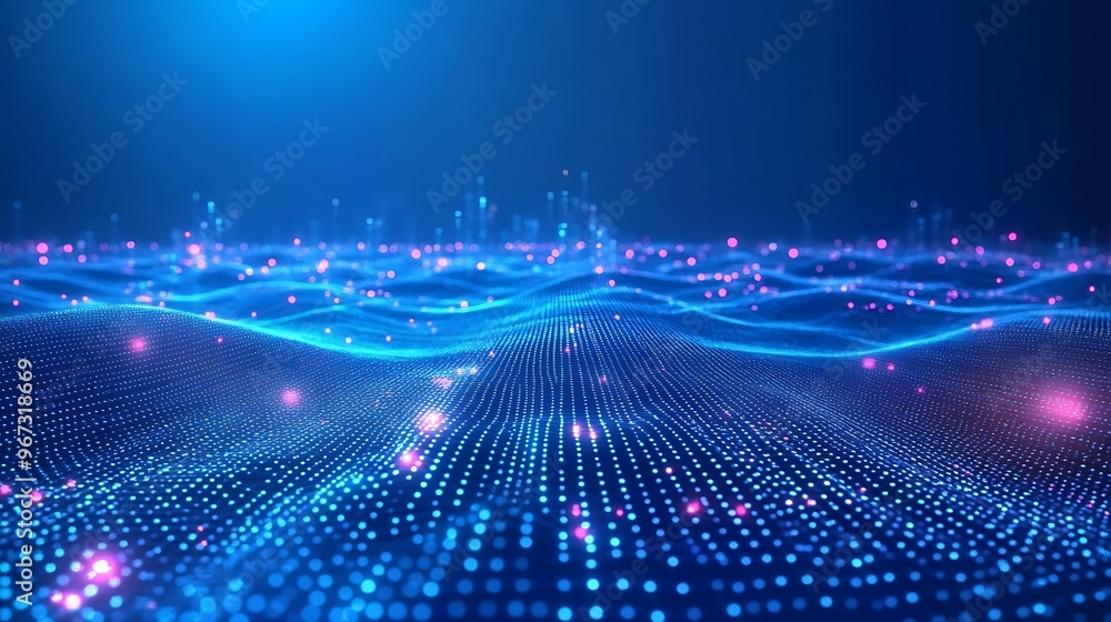 Poster Stunning abstract landscape of glowing waves and digital dots, creating a mesmerizing ocean of light and color in a futuristic setting.