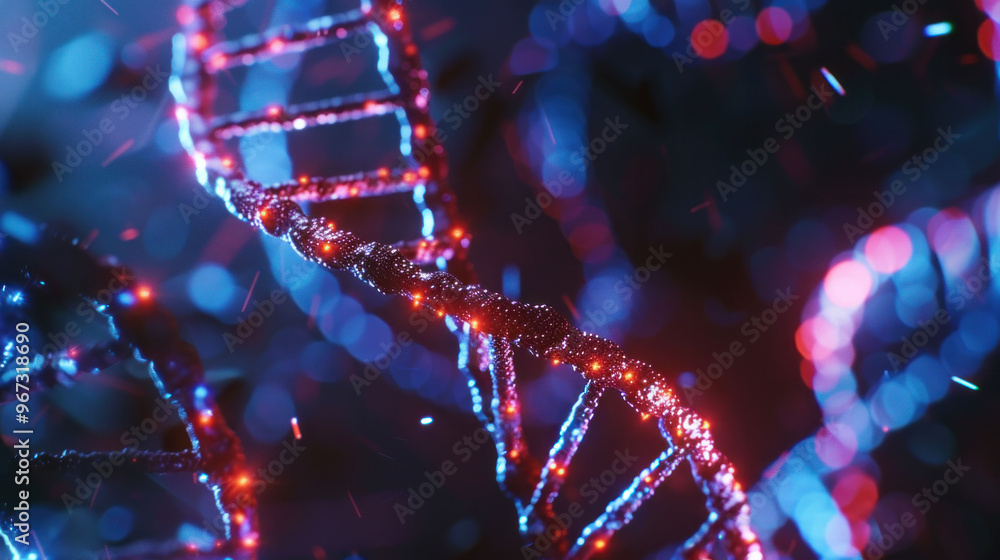 Aufkleber image showcases vibrant and intricate representation of DNA strands, illuminated with glowing blue and red lights, creating captivating and dynamic visual effect