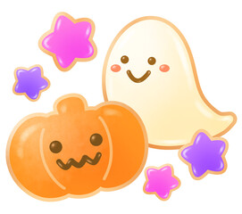 ハロウィンのおばけとパンプキンと星のアイシングクッキーのイラスト