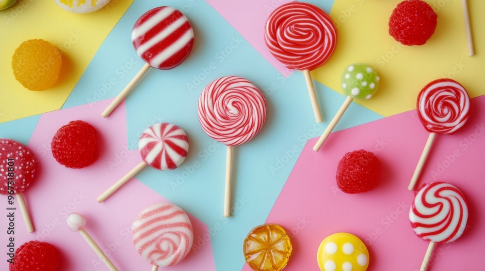 Poster A flat lay of assorted lollipops with different shapes and flavors, arranged neatly on a colorful tablecloth or surface.