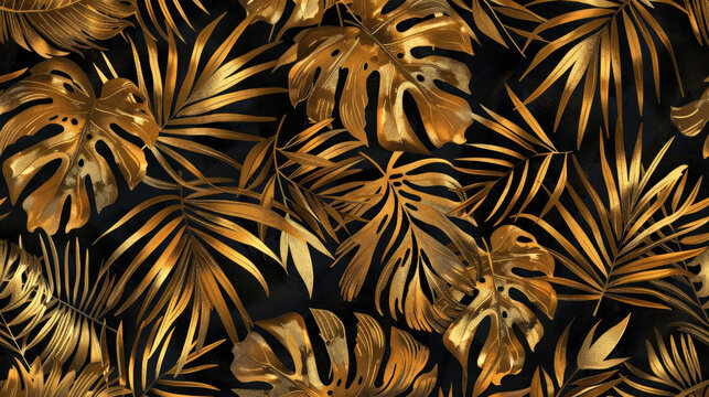 Luxurious golden tropical leaves create stunning pattern against dark background, evoking sense of elegance and sophistication in design