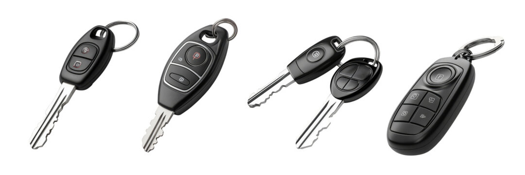 Car key fobs with modern buttons and keychains automotive accessories transparent background