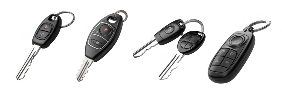 Car key fobs with modern buttons and keychains automotive accessories transparent background