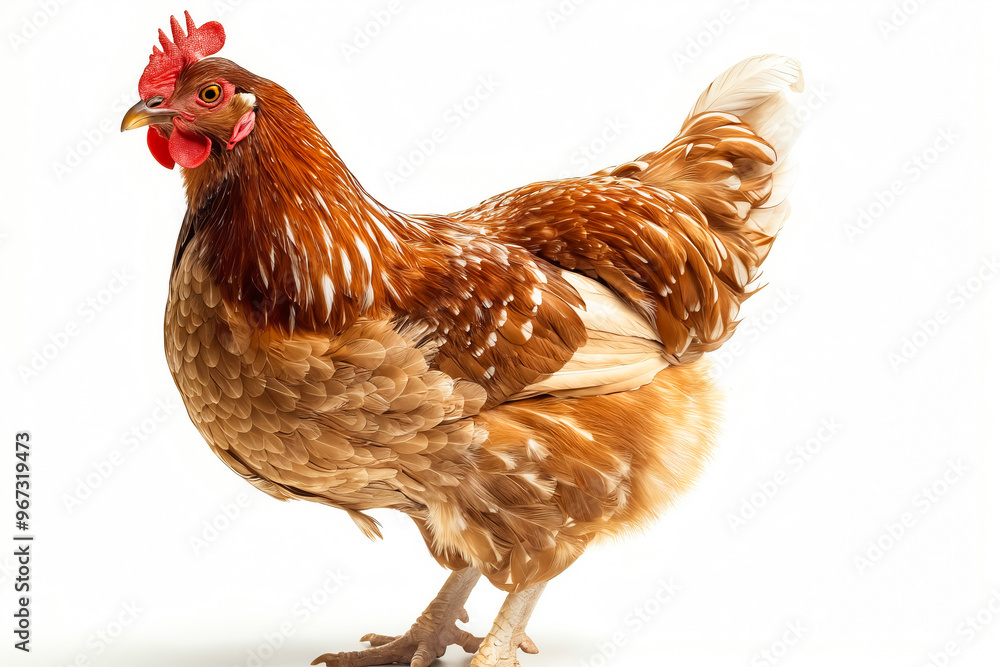 Poster A brown and white chicken standing on a white surface