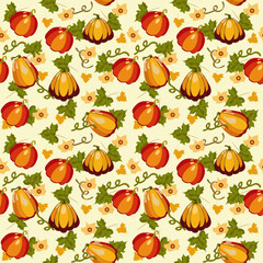Seamless pattern with colorful pumpkins, autumn berries, leaves, stylized vector graphics. Trendy design for wall decor, postcard, cover, packaging, t shirt
