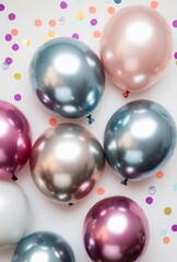 Glossy metallic balloons surrounded by vibrant confetti on a plain background, with plenty of free space for text