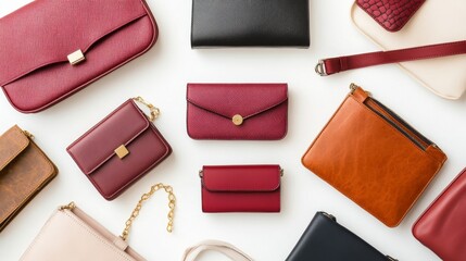 A flat lay of various fashionable women's bags, including clutches, crossbody bags, and tote bags, arranged neatly on a white surface.