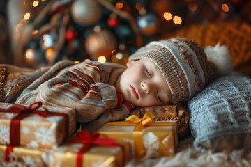 Bathed gentle nightlight boy's innocent dreams and relaxation are depicted. Soft light of moon tender moment of boy's sleep is captured. Serenity sleep reflects idealized comfort and safety of home.