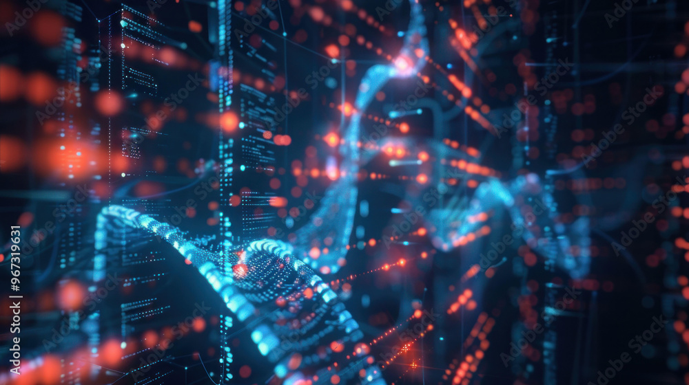 Poster Immersive digital data visualization with vibrant blue and red lights, representing complex data flows and connections in futuristic environment