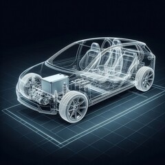 Naklejka premium A line art 3D illustration displays a modern electric car chassis x-ray, revealing the vehicle battery in a studio environment. 