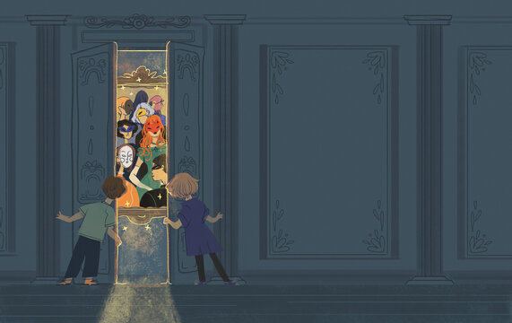 children looking at the mystery portrait at scrary house mansion