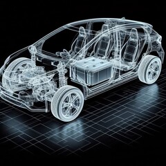 Naklejka premium A line art 3D illustration displays a modern electric car chassis x-ray, revealing the vehicle battery in a studio environment. 