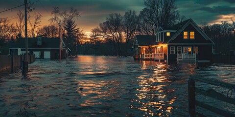 Fototapeta premium Severe Flooding in the Severn River Caused by Overflowing Riverbanks After Prolonged Winter Storms