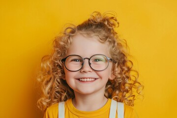Obraz premium A young child with curly blonde hair and round glasses smiles joyfully against a rich yellow backdrop, emanating warmth and happiness.