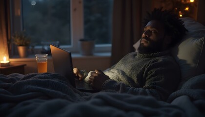 A person sitting under a blanket by the fireplace, reading a book and holding a mug of hot tea, suggesting a comforting and restful recovery during illness. The scene evokes warmth and relaxation.