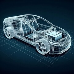 Naklejka premium A line art 3D illustration displays a modern electric car chassis x-ray, revealing the vehicle battery in a studio environment. 