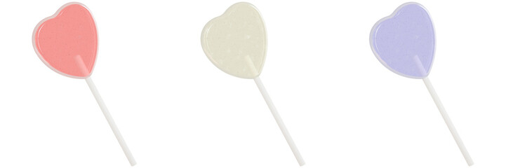 set of 3d lolipop, three colorful lolipop candies, showcasing light red, yellow, pastel blue against an isolated background