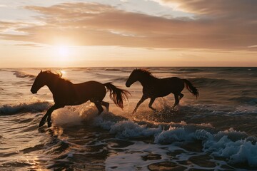 Two horses trot gracefully through the shallow ocean waves as the sun sets, casting a beautiful glow over the scene.