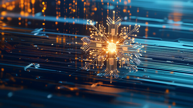 Abstract digital illustration of microchip core on snowflake shape on blue background. Information Technology greeting card. Happy new year and merry christmas.