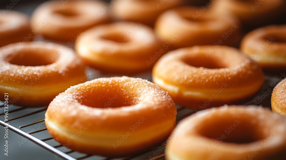 Poster a fresh batch of donuts cooling on a wire rack, with a focus on their golden-brown texture and tempt
