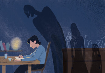 person sitting at the tanle and writing a scary story with ghost
