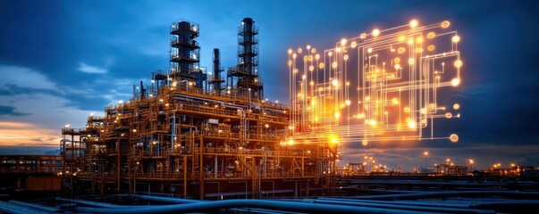 Fototapeta premium A modern oil refinery illuminated at dusk, showcasing advanced technology and industrial infrastructure against a dynamic sky.