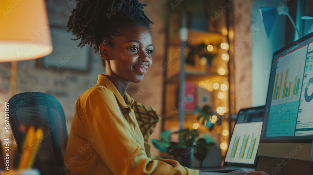 Poster a young woman with natural hair is working at her desk, focused on multiple computer screens display