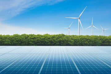 Solar panels with wind turbine on blue sky. innovations of clean energy. Energy supply,...