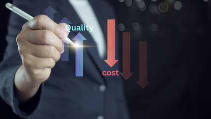 businessman touch to icons of business performance management on virtual screen Quality and cost...