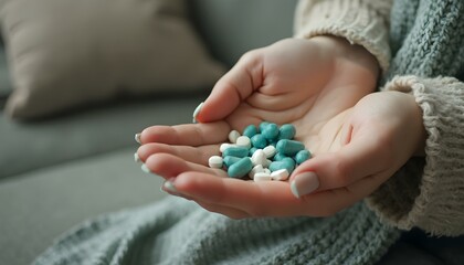 A hand holding several pills and capsules, symbolizing treatment for cold and illness symptoms. The scene highlights medication as part of managing health and alleviating symptoms.