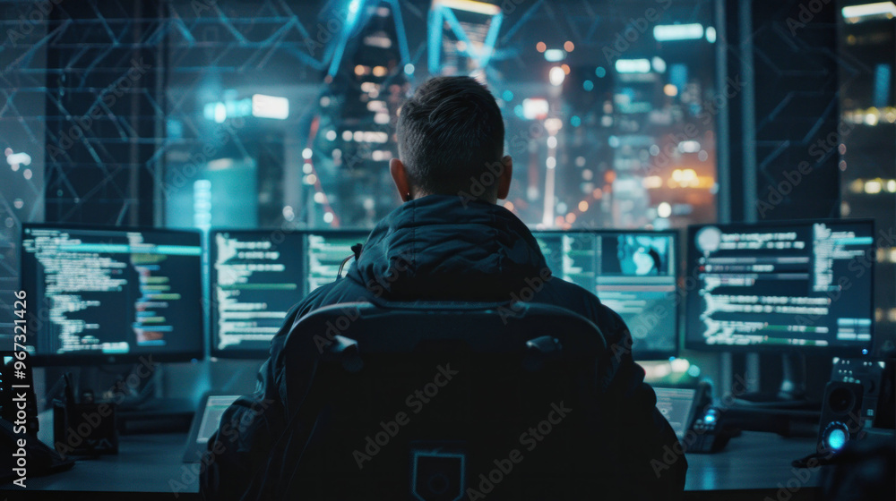 Poster A person sits in front of multiple computer screens, immersed in coding and data analysis, with vibrant city skyline visible through window, creating high tech atmosphere