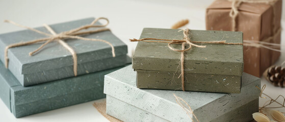 Elegant gift boxes in various colors, including green and blue, are beautifully tied with twine. These eco friendly packages add charming touch to any occasion