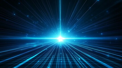 Obraz premium Vibrant blue light beams radiate from a central point, creating a dynamic and immersive atmosphere of energy and movement.