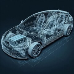 Naklejka premium A line art 3D illustration displays a modern electric car chassis x-ray, revealing the vehicle battery in a studio environment. 