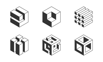 Black and white Cube logo, geometric vector design. Set box logotype company, trendy techno emblem in isometric 3D style.