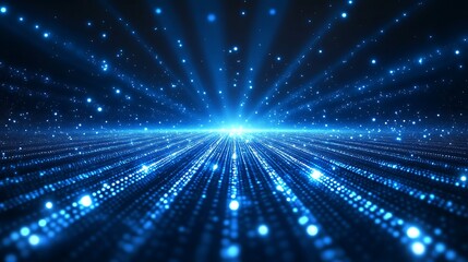 Fototapeta premium Vibrant blue rays and particles create a stunning visual effect, showcasing depth and energy in a futuristic setting.