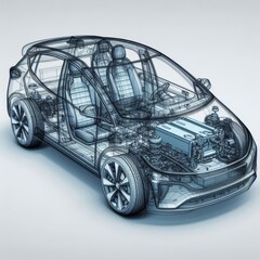 A line art 3D illustration displays a modern electric car chassis x-ray, revealing the vehicle...