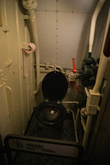The toilet in the crew restroom of the Espadon submarine, a 1960s warship docked in the port of...