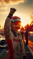 Obraz premium A victorious racer in a white suit raises his fist as he celebrates his victory against the backdrop of a lively sunset race.
