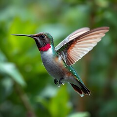 Obraz premium A hummingbird frozen midflight wings blurring in a humid verdant jungle captured with liquidclear water beads on its iridescent feathers