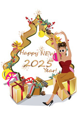 Christmas poster with a beautiful fashion girl with a gift in her hands. Christmas greeting card. Vector illustration.