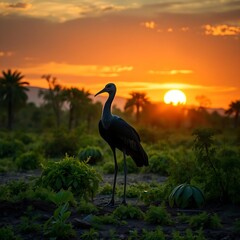 Obraz premium A lone dodo bird standing proud at sunset in a lush but empty deforested Madagascar